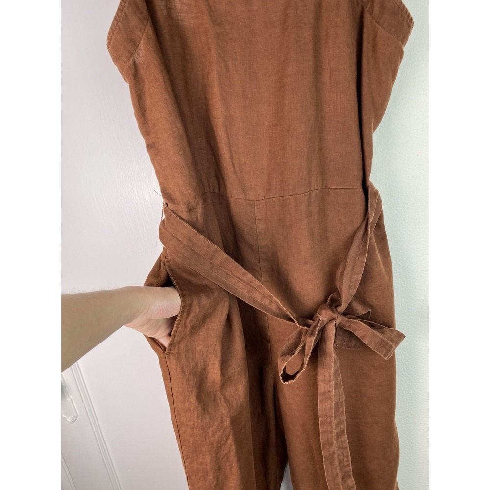 Quince Women's L Chocolate Brown European Linen Square Neck Belted Jumpsuit - Picture 2 of 10
